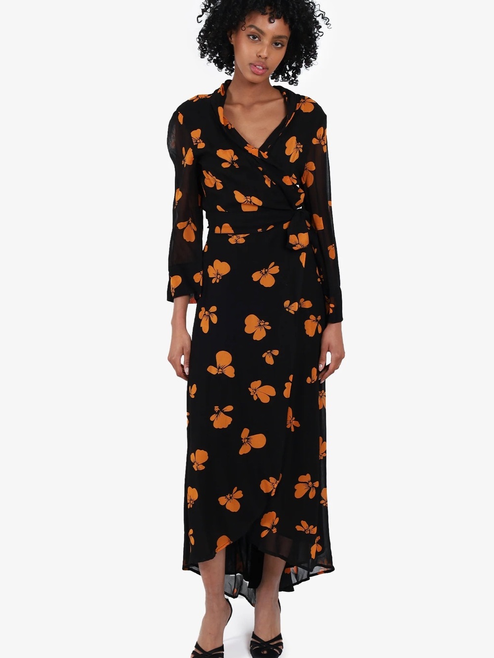 GANNI size 36 Small Wrap Midi Dress with Orange Floral Print